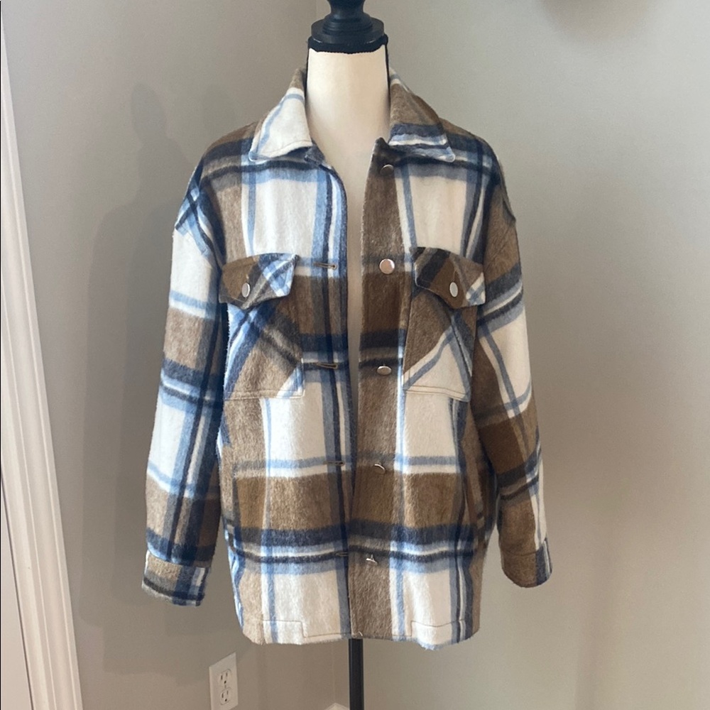 Zara shirtjack chore coat barn coat plaid button front warm medium layering